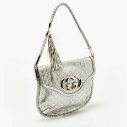 Pre Owned Gucci Silver Guccissima Leather Medium Britt Tassel Hobo