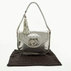 Pre Owned Gucci Silver Guccissima Leather Medium Britt Tassel Hobo