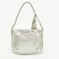 Pre Owned Gucci Silver Guccissima Leather Medium Britt Tassel Hobo