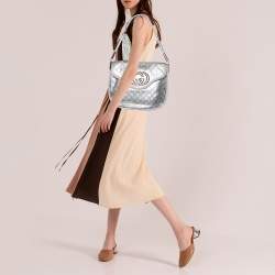 Pre Owned Gucci Silver Guccissima Leather Medium Britt Tassel Hobo