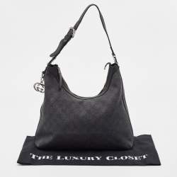 Pre Owned Gucci Black GG Denim and Leather Interlocking G Charm Hobo