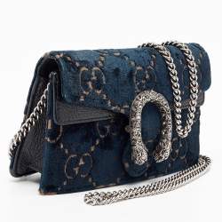 Pre Owned Gucci Black/Dark Green GG Velvet and Patent Leather Super Mini Dionysus Shoulder Bag