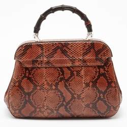 Pre Owned Gucci Brown Python Leather Lady Lock Bamboo Large Top Handle Bag