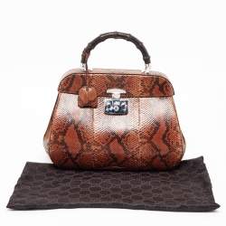 Pre Owned Gucci Brown Python Leather Lady Lock Bamboo Large Top Handle Bag