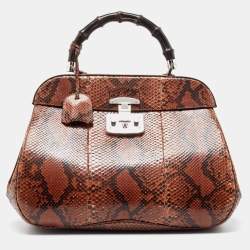 Pre Owned Gucci Brown Python Leather Lady Lock Bamboo Large Top Handle Bag