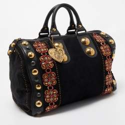 Pre Owned Gucci Black Suede and Leather Babouska Embellished Boston Bag