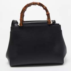 Pre Owned Gucci Black Leather Bamboo Nymphaea Medium Shoulder Bag