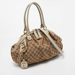 Pre Owned Gucci Off White/Beige GG Canvas and Leather Medium Sukey Boston Bag