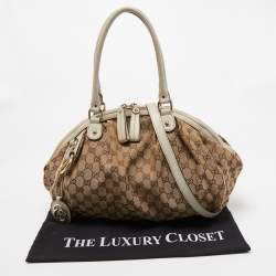 Pre Owned Gucci Off White/Beige GG Canvas and Leather Medium Sukey Boston Bag