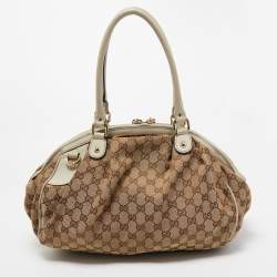 Pre Owned Gucci Off White/Beige GG Canvas and Leather Medium Sukey Boston Bag
