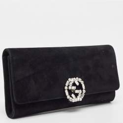 Pre Owned Gucci Black Suede GG Crystal Broadway Clutch