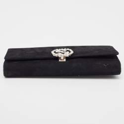 Pre Owned Gucci Black Suede GG Crystal Broadway Clutch