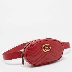 Pre Owned Gucci Red Matelassé Leather GG Marmont Belt Bag