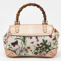 Pre Owned Gucci Multicolor Floral Canvas and Leather Bamboo Top Handle Bag