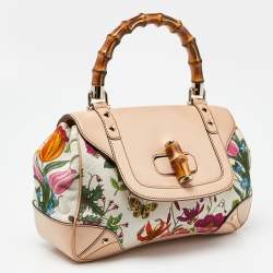 Pre Owned Gucci Multicolor Floral Canvas and Leather Bamboo Top Handle Bag