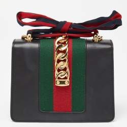 Gucci Black Leather Mini Web Chain Sylvie Crossbody Bag