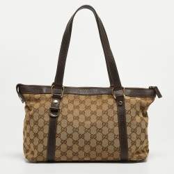 Pre Owned Gucci Ebony/Beige GG Canvas and Leather Medium Abbey Tote