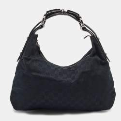 Pre Owned Gucci Black GG Canvas and Leather Medium Horsebit Hobo