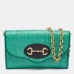 Pre Owned Gucci Green Raffia Horsebit 1955 Chain Shoulder Bag