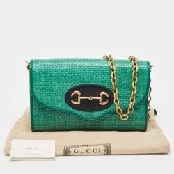 Pre Owned Gucci Green Raffia Horsebit 1955 Chain Shoulder Bag