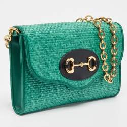 Pre Owned Gucci Green Raffia Horsebit 1955 Chain Shoulder Bag