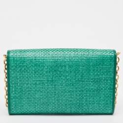 Pre Owned Gucci Green Raffia Horsebit 1955 Chain Shoulder Bag