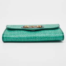 Pre Owned Gucci Green Raffia Horsebit 1955 Chain Shoulder Bag