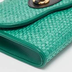 Pre Owned Gucci Green Raffia Horsebit 1955 Chain Shoulder Bag