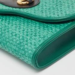 Pre Owned Gucci Green Raffia Horsebit 1955 Chain Shoulder Bag