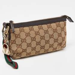 Pre Owned Gucci Beige/Brown GG Canvas and Leather Wristlet Pouch