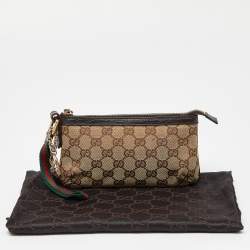 Pre Owned Gucci Beige/Brown GG Canvas and Leather Wristlet Pouch