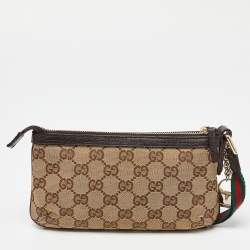 Pre Owned Gucci Beige/Brown GG Canvas and Leather Wristlet Pouch