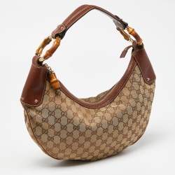 مملوكة مسبقًا Gucci Beige GG Canvas and Leather Web Bamboo Ring Hobo