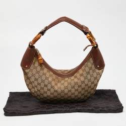 مملوكة مسبقًا Gucci Beige GG Canvas and Leather Web Bamboo Ring Hobo