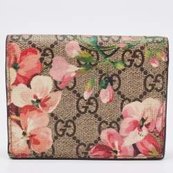 Gucci Beige/Pink GG Supreme Canvas Blooms Card Case
