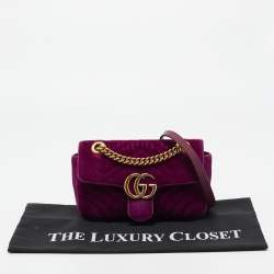 Pre Owned Gucci Magenta Matelassé Velver Mini GG Marmont Shoulder Bag