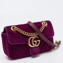 Pre Owned Gucci Magenta Matelassé Velver Mini GG Marmont Shoulder Bag