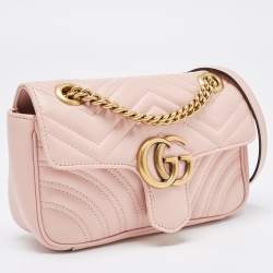 Pre Owned Gucci Pink Matelassé Leather Mini GG Marmont Shoulder Bag