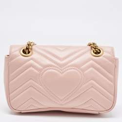 Pre Owned Gucci Pink Matelassé Leather Mini GG Marmont Shoulder Bag