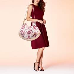 Pre Owned Gucci Beige/Pink Floral Canvas and Leather Peggy Bamboo Handle Hobo