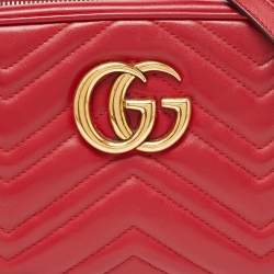 Pre Owned Gucci Red Matelassé Leather Small GG Marmont Shoulder Bag