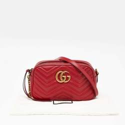 Pre Owned Gucci Red Matelassé Leather Small GG Marmont Shoulder Bag