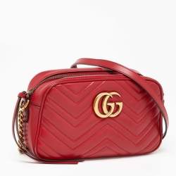 Pre Owned Gucci Red Matelassé Leather Small GG Marmont Shoulder Bag