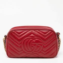 Pre Owned Gucci Red Matelassé Leather Small GG Marmont Shoulder Bag