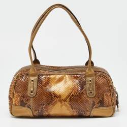 Pre Owned Gucci Gold/Brown Python and Leather Princy Boston Bag