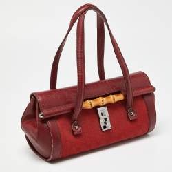 Pre Owned حقيبة غوتشى بولت بامبو جلد وكانفاس جى جى حمراء 