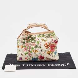 Pre Owned Gucci White Flora Canvas and Leather Small Horsebit Hobo