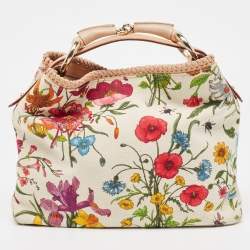 Pre Owned Gucci White Flora Canvas and Leather Small Horsebit Hobo