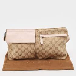 Pre Owned Gucci Pink/Beige GG Canvas and Leather Double Pocket Belt Bag