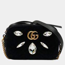 Gucci Black Velvet Mini GG Marmont Marquise Crystals Matelasse